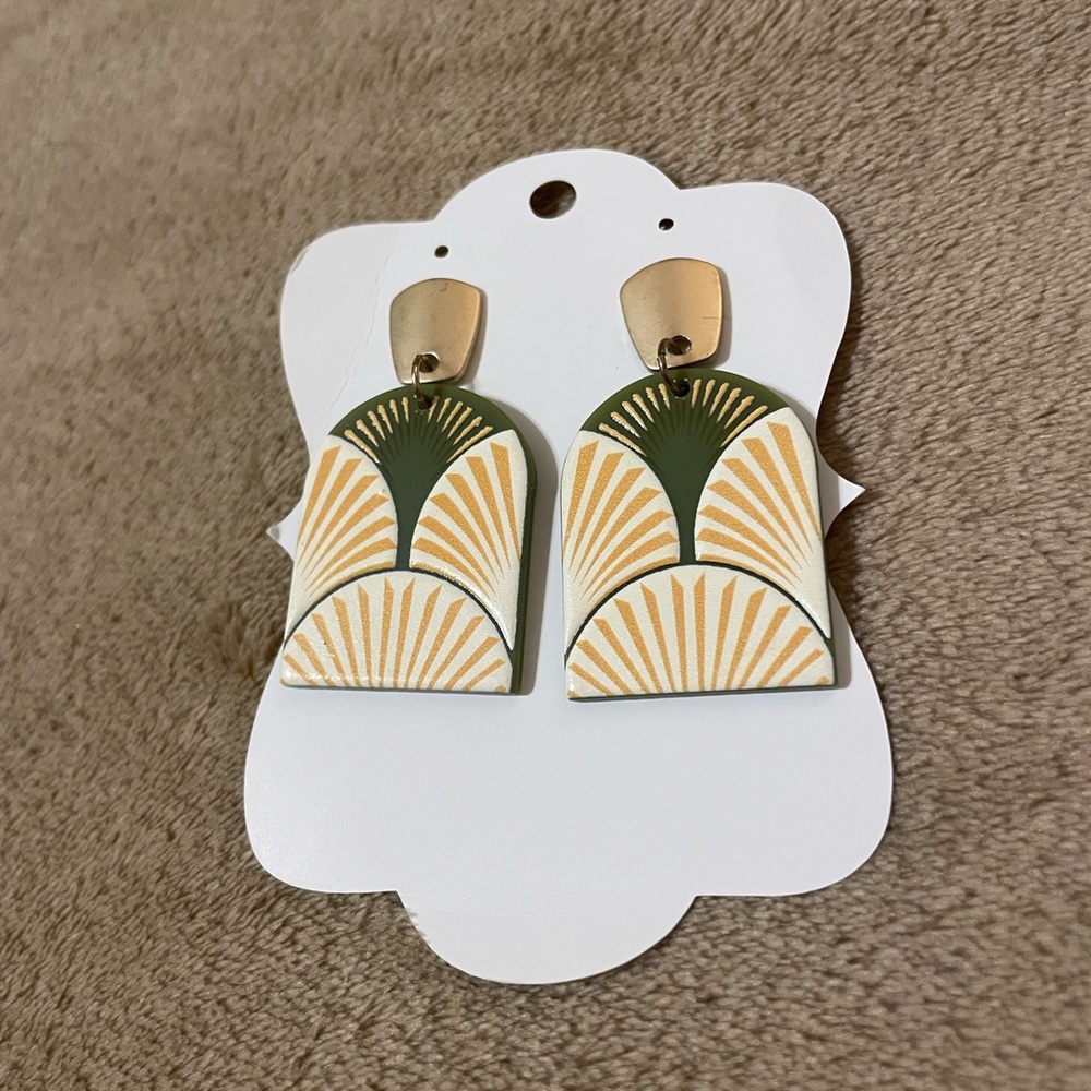 Art Deco Clay Style Earrings in Green and Gold